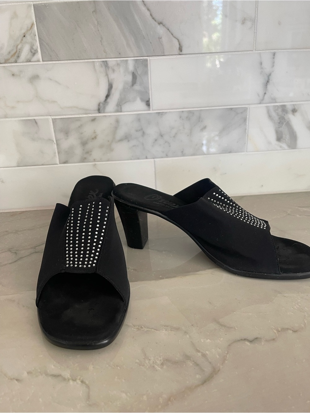 Onex Black Rhinestone Mules with Mid Heel